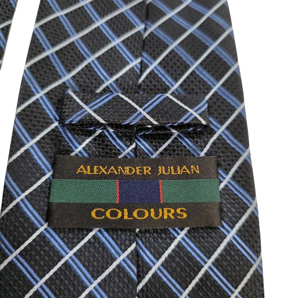 ALEXANDER‎ JULIAN Colours Mens Silk Blend Tie Black Blue Plaid Pattern Business